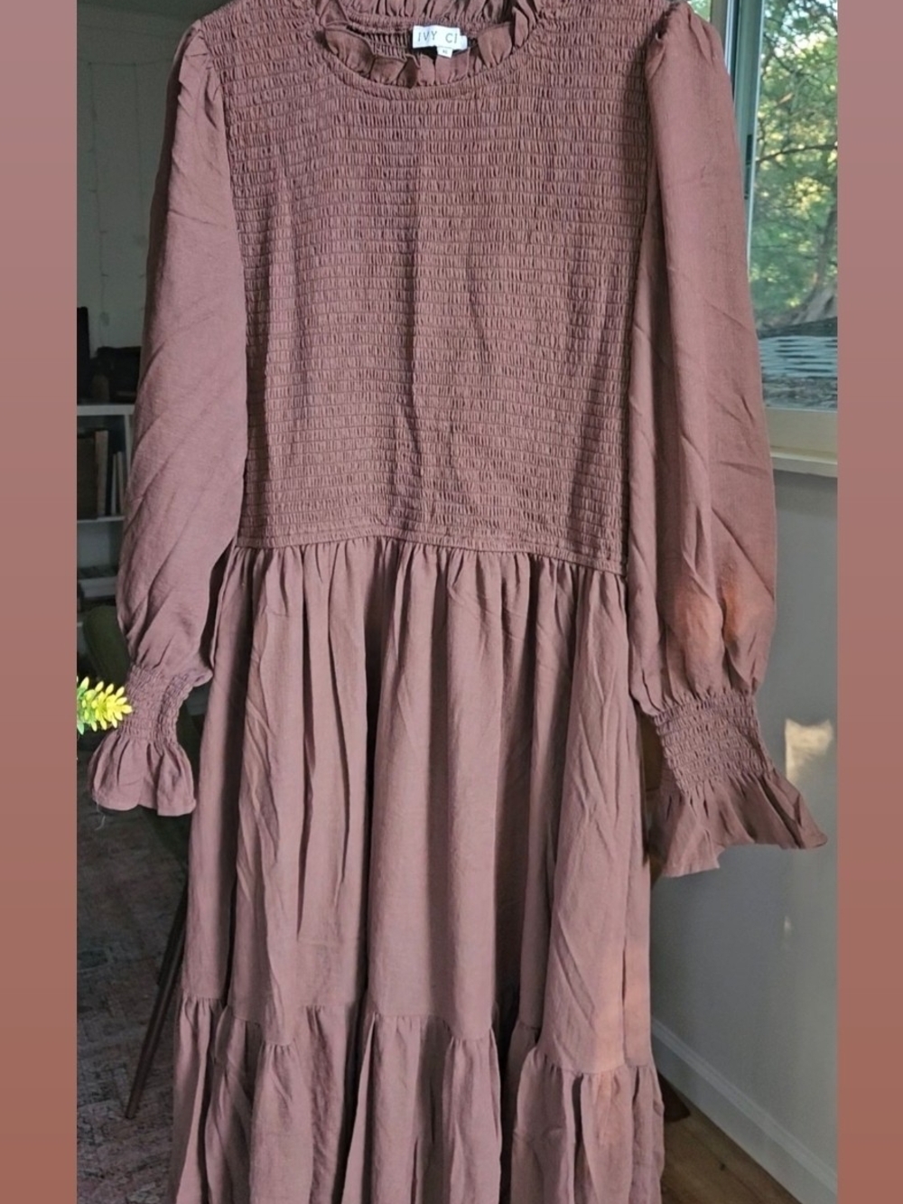 Ivy City Chocolate Brown Smocked Long Sleeve Maxi Dress